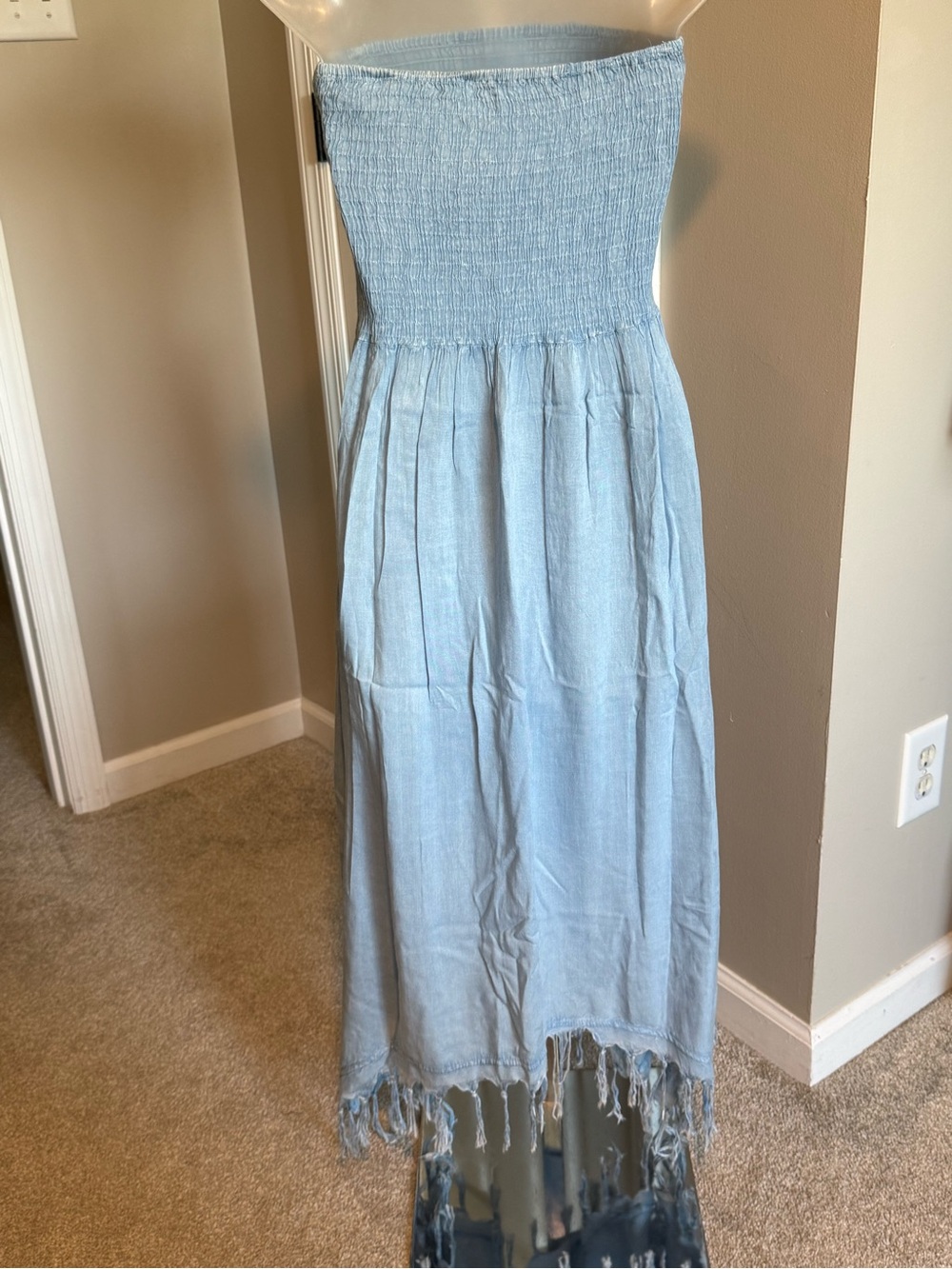 Strapless Light Blue Smocked Midi Dress with Fringe Hem - Picture 2 of 5